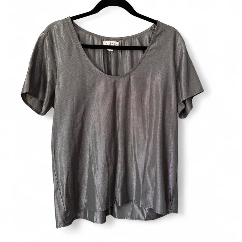 Velvet Graham Spencer Agatha Silver metallic Short Sleeve Scoop Neck Top Size M